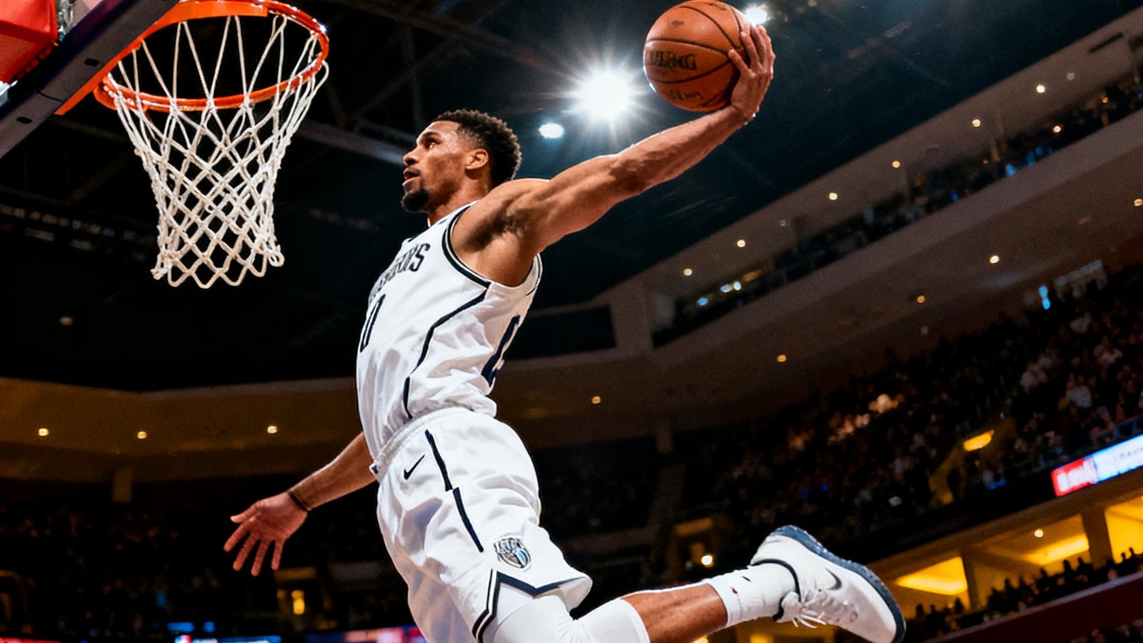 NBA全明星扣篮大赛精彩集锦封面，球员腾空飞扣的震撼特写，篮筐特写与观众惊叹表情