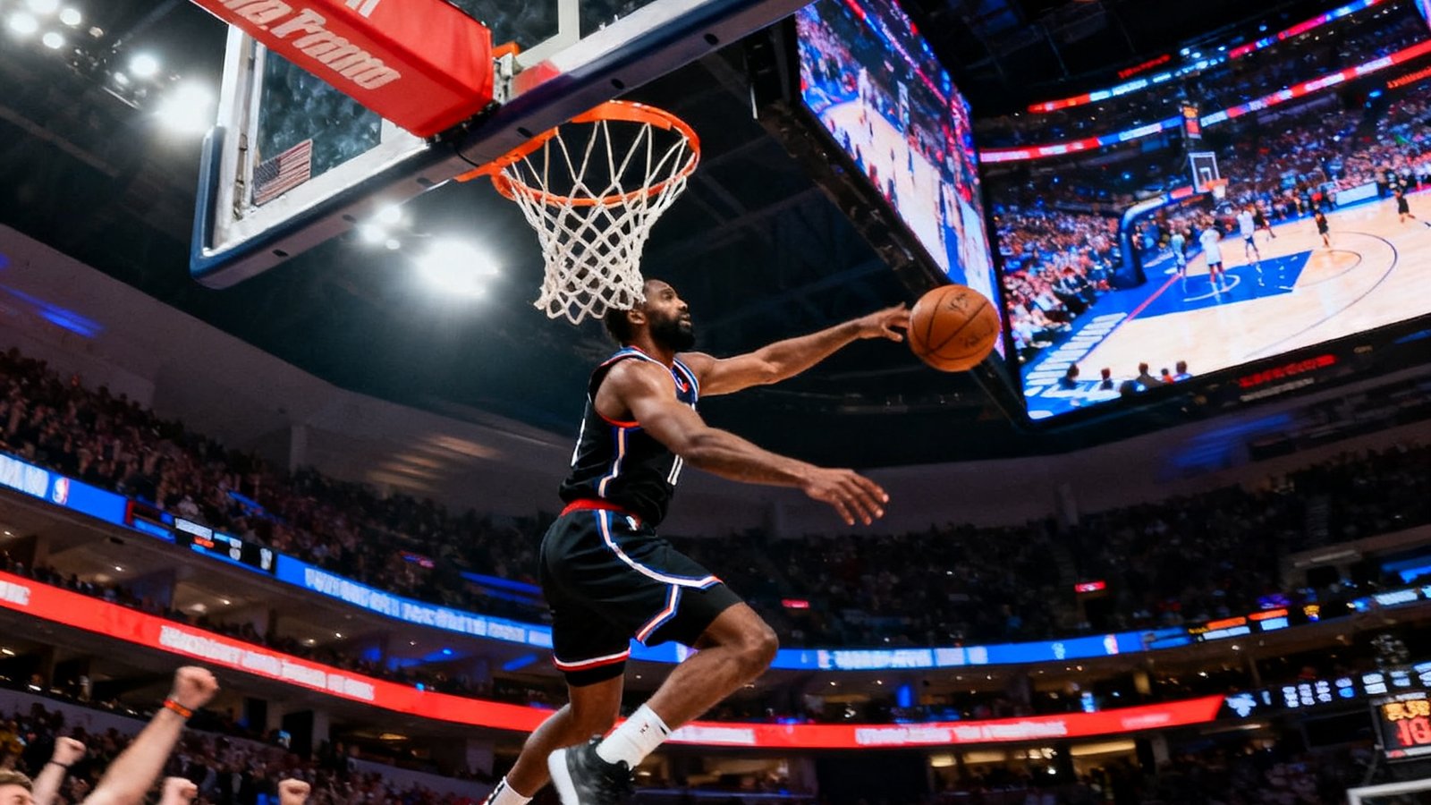 NBA季后赛高清直播特写画面，球员飞身扣篮瞬间，球馆内巨型屏幕闪烁，观众激情呐喊
